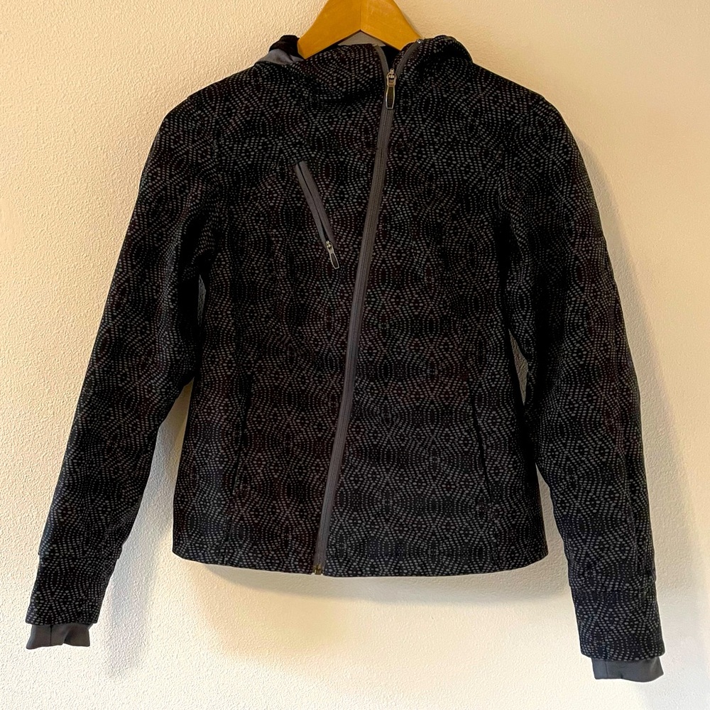 Columbia Soft Shell Diamond Print Black Asymmetric Zipper Hooded Jacket-XS